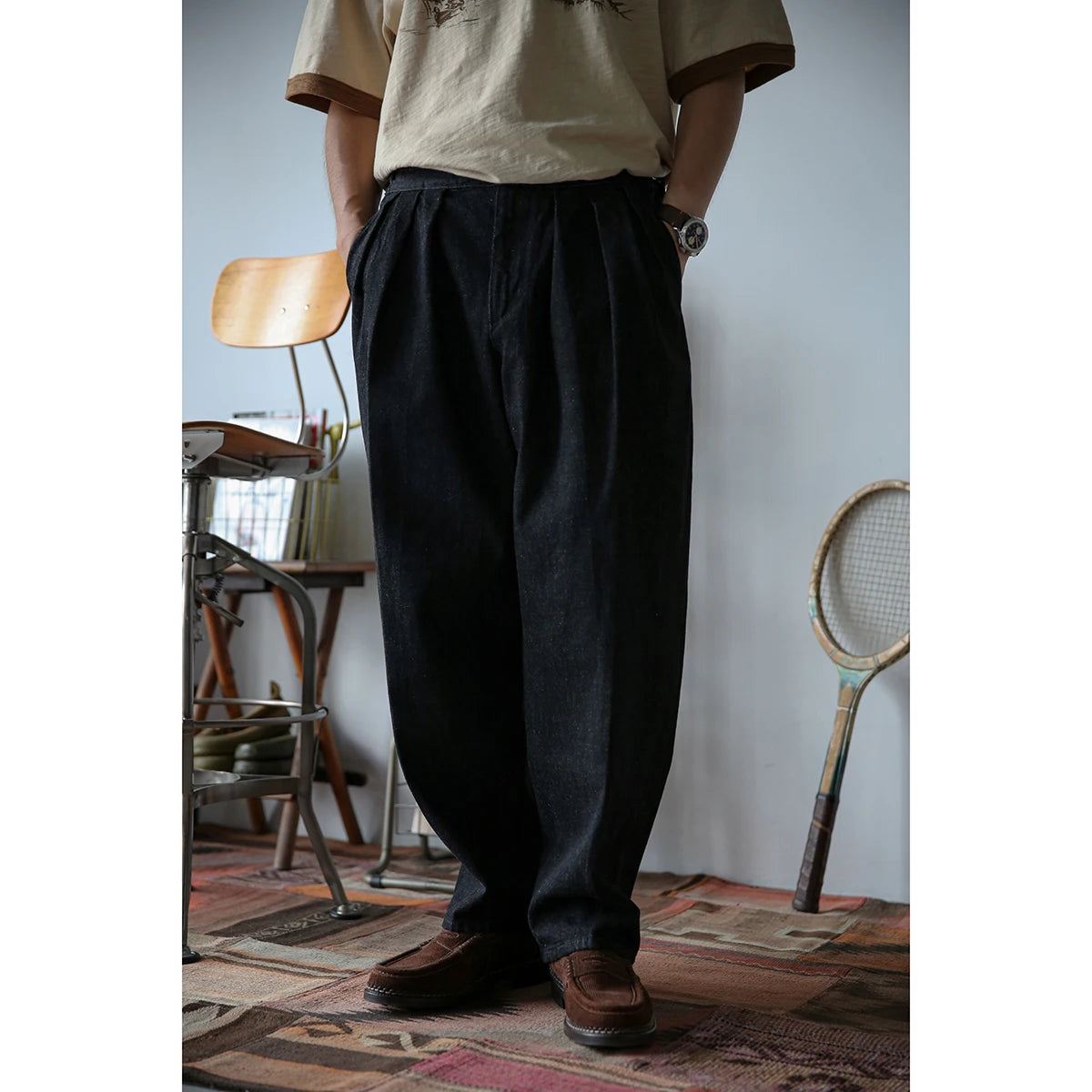 Black Selvage Denim High Rise British Army Pants - Pleated Jeans