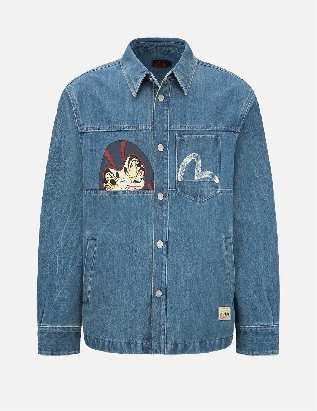 Vintage Daruma Print Denim Shirt Jacket