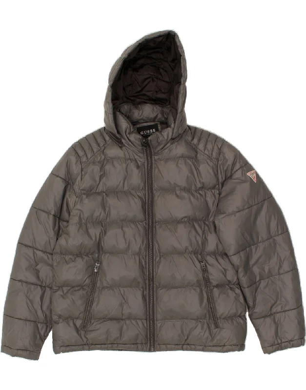 GUESS Mens Hooded Padded Jacket UK 44 2XL Grey Nylon