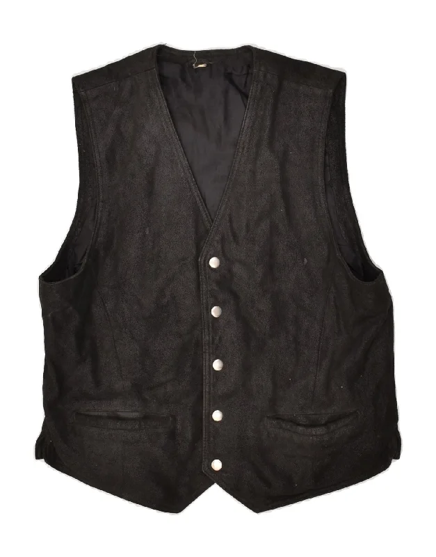 VINTAGE Mens Leather Waistcoat Small Black Leather