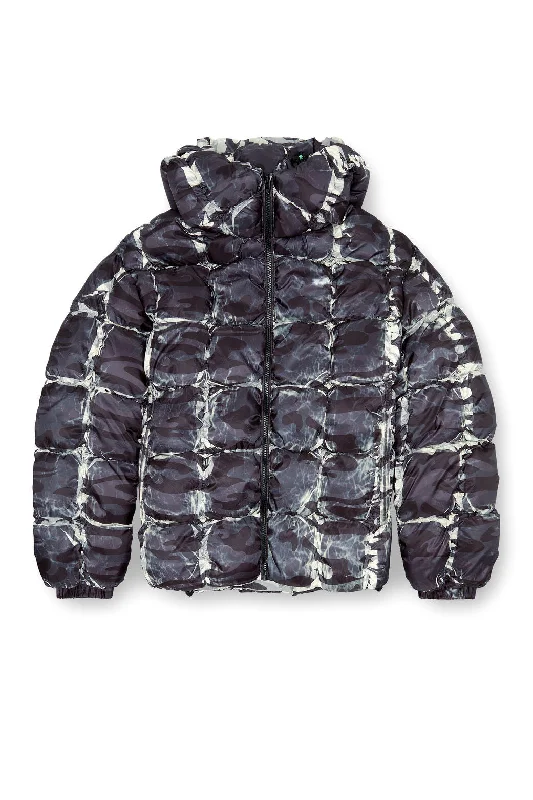 W-Claus-Camu Hooded puffer jacket with camo print Grey