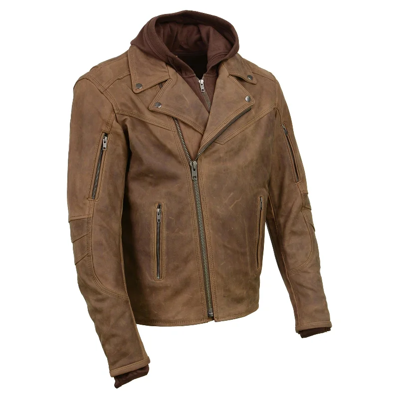 Milwaukee Leather MLM1511 Men's 'Vagabond' Vintage Crazy Horse' Brown Leather Jacket w/ Removable Hoodie