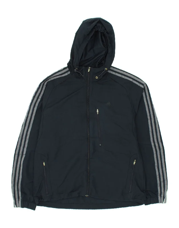 ADIDAS Mens Hooded Rain Jacket UK 40 Large Navy Blue Striped Polyester