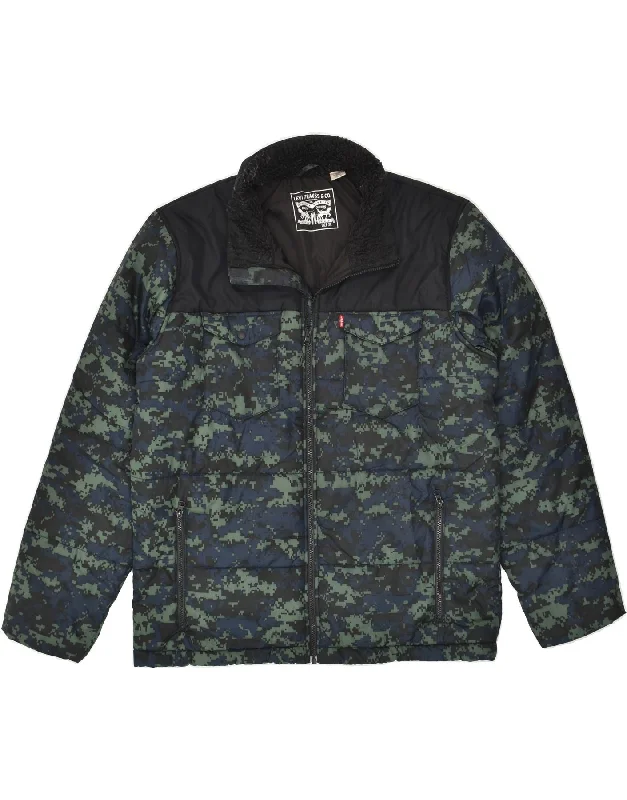 LEVI'S Mens Padded Jacket UK 42 XL Navy Blue Camouflage