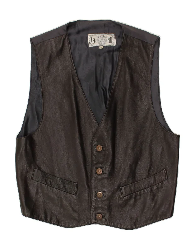 VINTAGE Mens Leather Waistcoat Small Black Leather