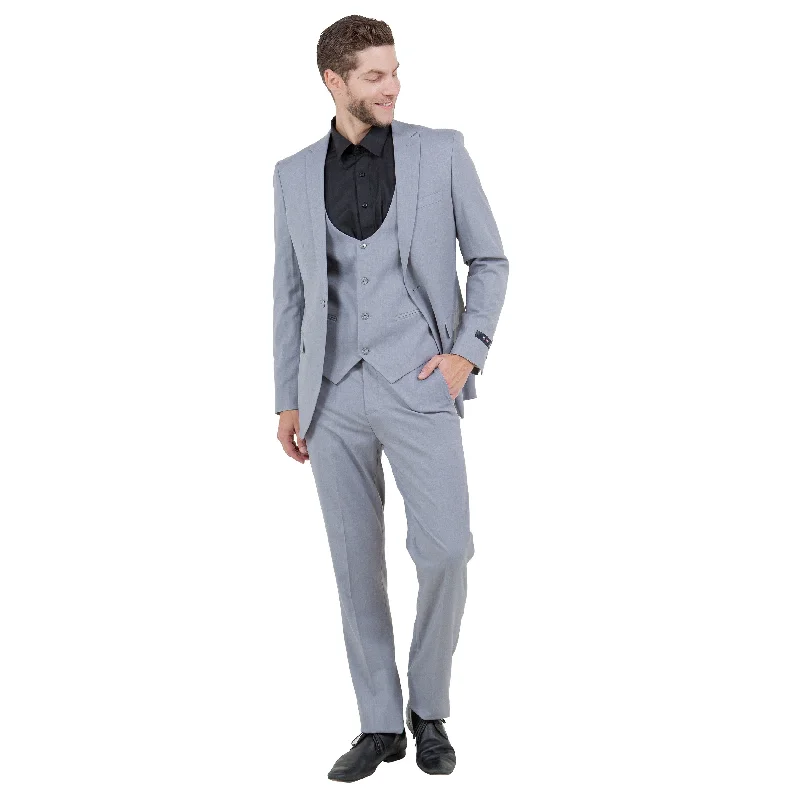 Men's Light Grey 3-Piece Solid Suit Set w/ U-Shaped Vest