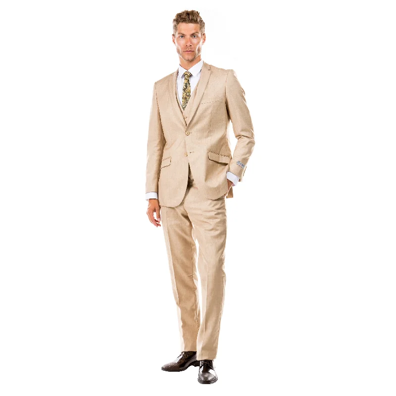 Men's 3pc Solid Textured Notch Lapel Suit Set, Dark Tan