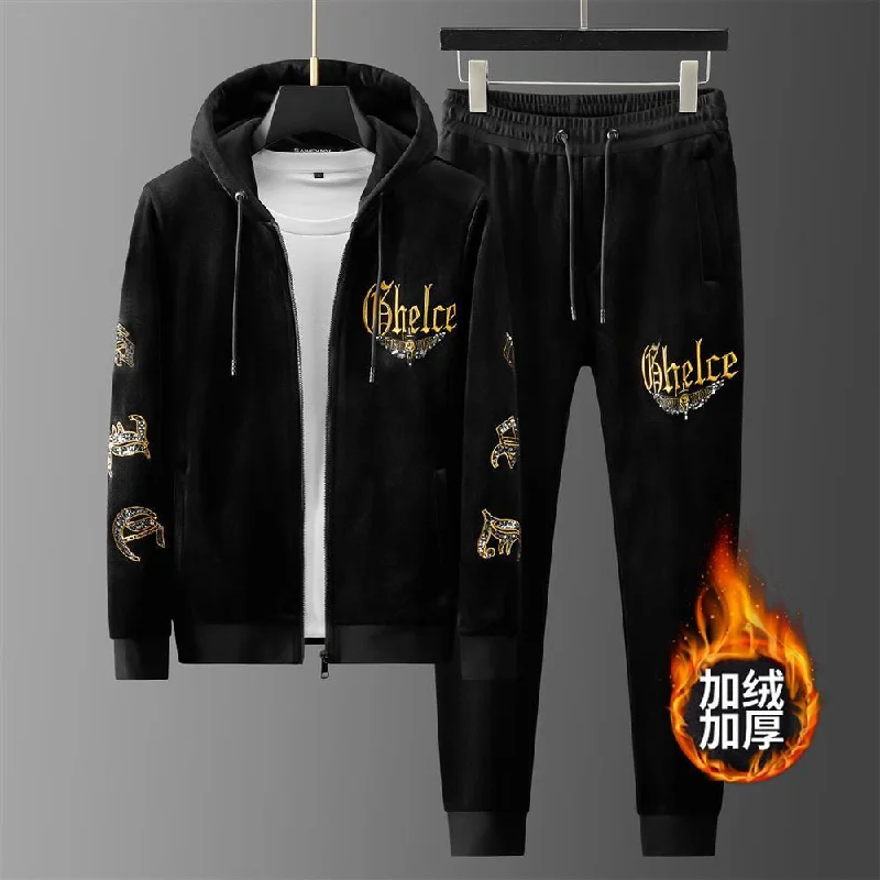 Men’s black velvet track suit with Gold writing