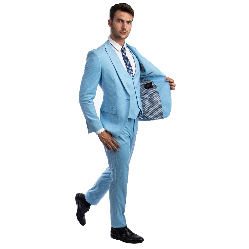 Men's Sky Blue 3-Piece Solid Suit Set w/ U-Shaped Vest