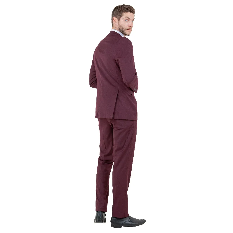 Men's Burgundy 3-Piece Solid Suit Set w/ U-Shaped Vest