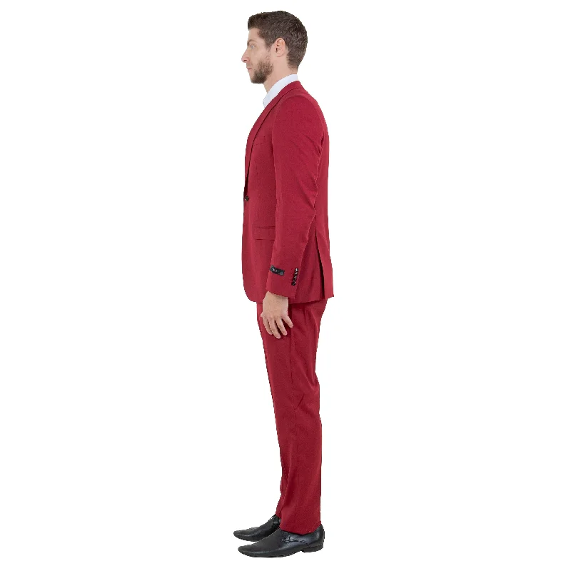 Men's Cherry Red 3-Piece Solid Suit Set w/ U-Shaped Vest