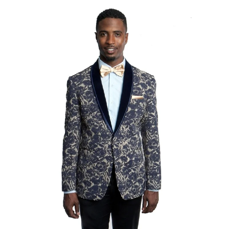 Men's Bespoe Tazio Navy and Beige Shawl Collar Jacket