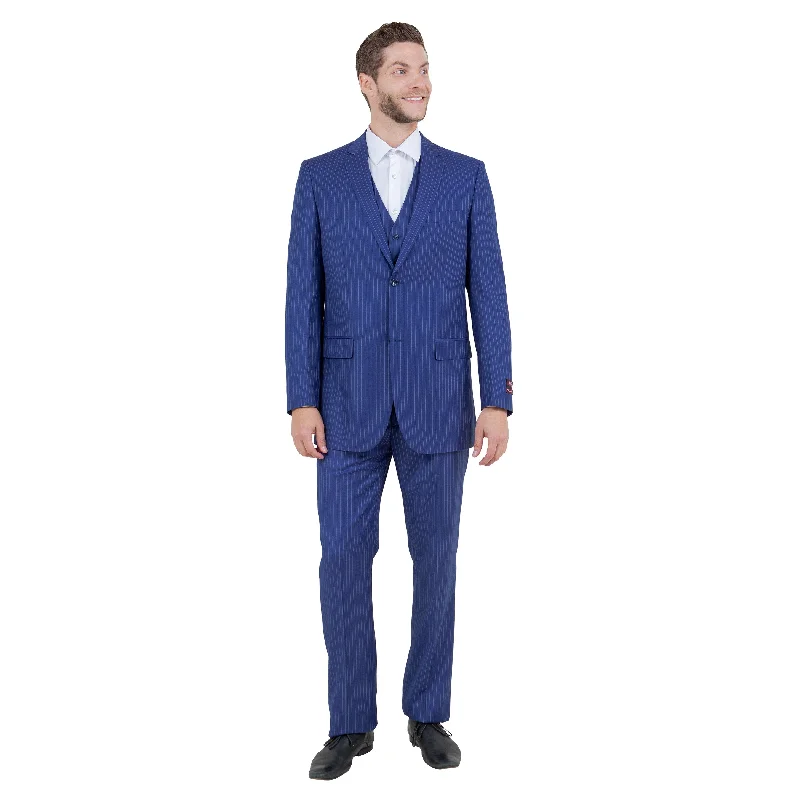 Men's 3-Piece Modern-Fit Blue Pinstriped Suit Set