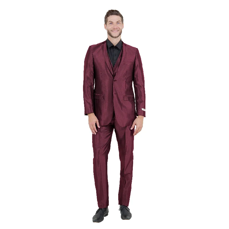 Men's 3-Piece Slim-Fit Shiny Burgundy Suit Set