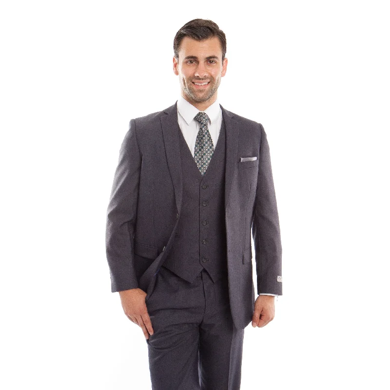 Men Suit Grey Solid 3 Pieces Notch Lapel Slim Fit Mens Suits