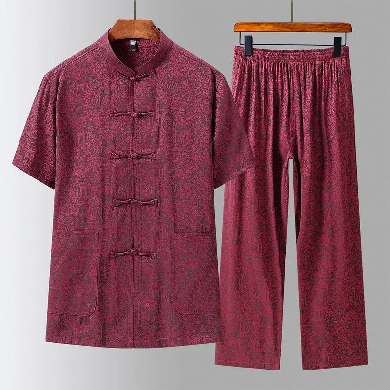 Floral Signature Cotton Short Sleeve Chinese Style Leisure Suit with Strap Buttons