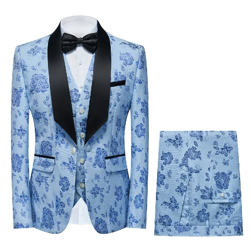 Men's Shawl Collar Print Suit 3-Piece Dress Suit Light Blue