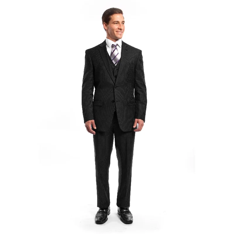 Men Suit Black Pin Stripe 3 Pieces Notch Lapel Classic Fit Suits