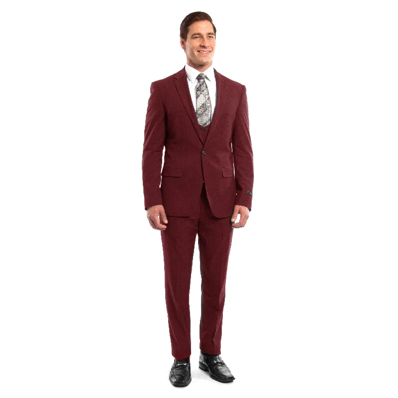 Men Suit Cherry Red 3 Pc Notch Lapel Rounded Neckline