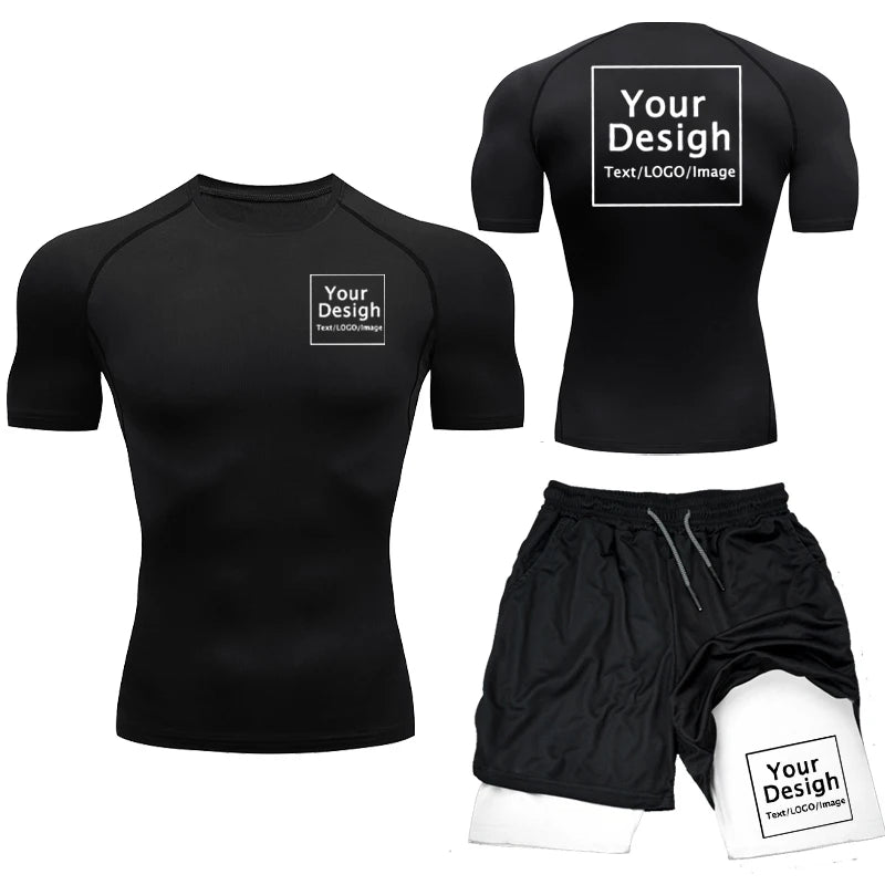 Men's Custom Printed Compression Set Your Design Logo Gym Shirt +Workout Shorts Quick Dry Breathble Athletics Rashguard Suits