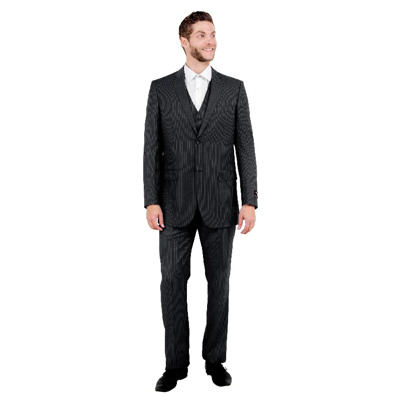 Men's 3-Piece Modern-Fit Black Pinstriped Suit Set