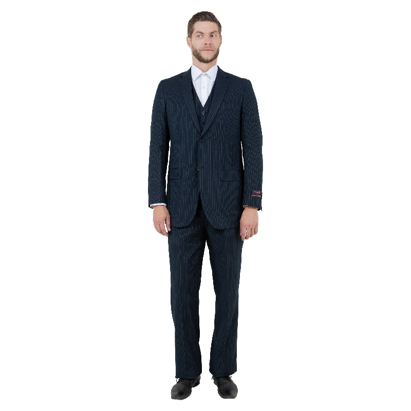 Men's 3-Piece Modern-Fit Navy Pinstriped Suit Set