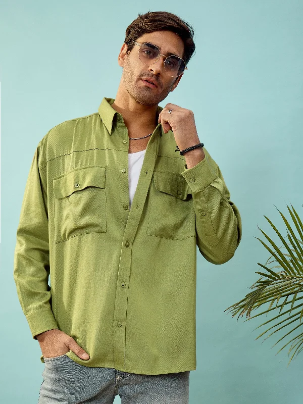 Men Green Twill Utility Pocket Oversize Shirt