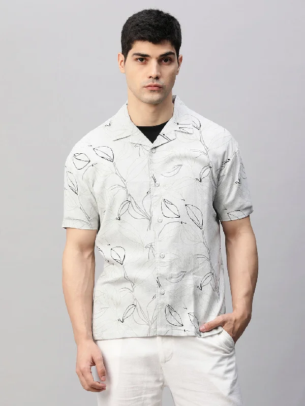 Mens Cuban Collar Printed Casual Shirt